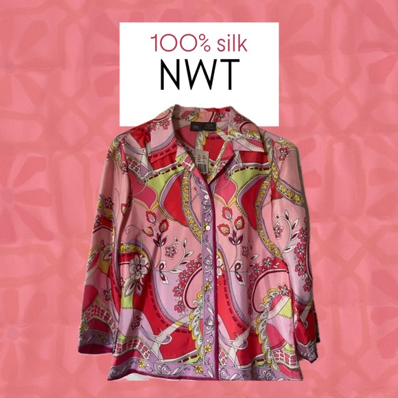 NWT Silk, pink paisley print button down - Picture 1 of 3
